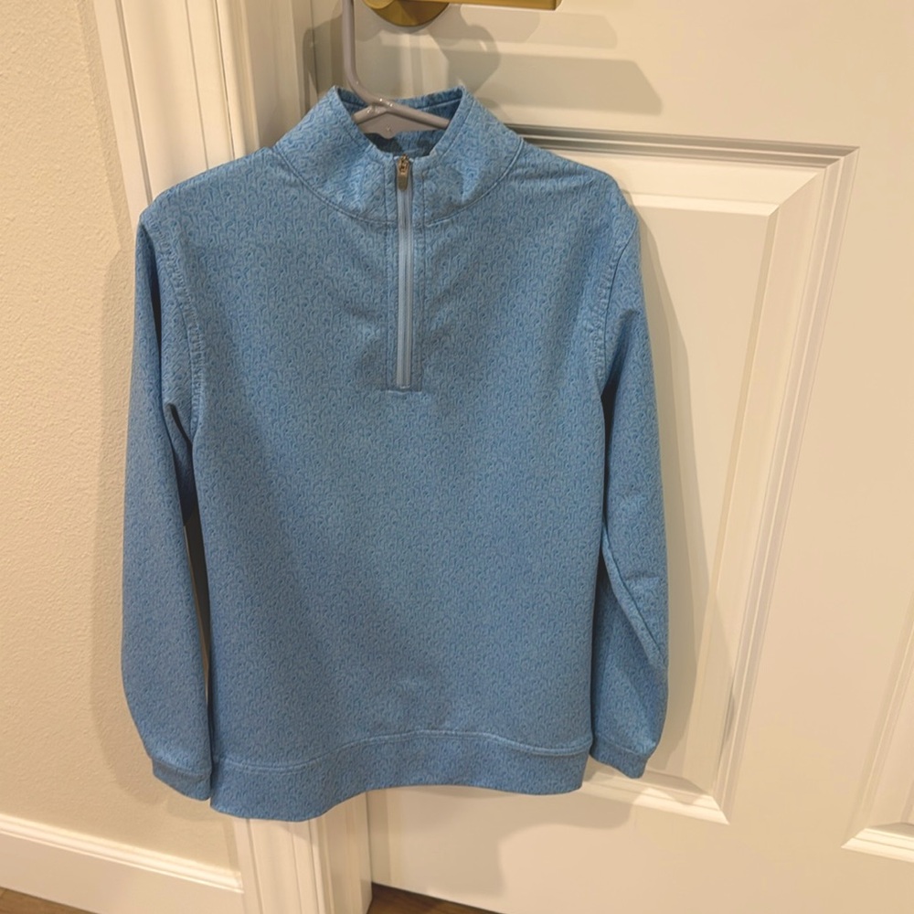 Peter Millar Boys 1/4 zip, blue golf club pattern
